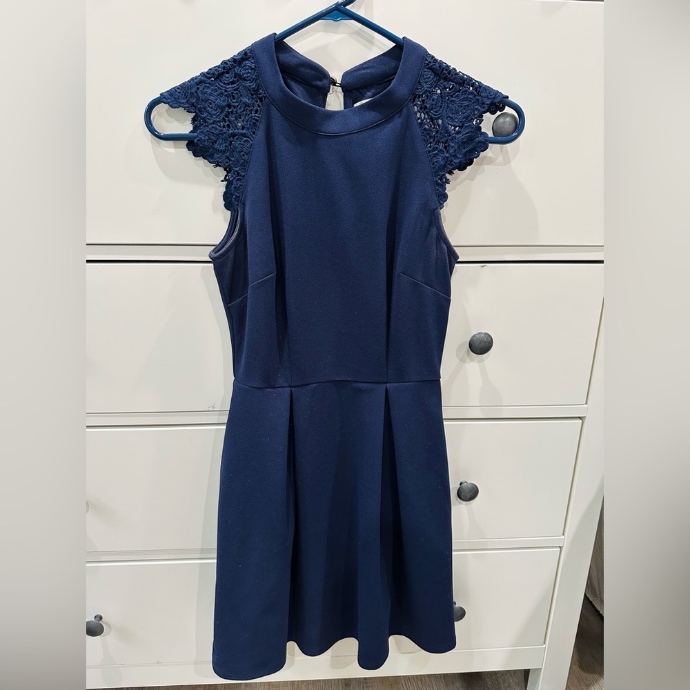 Speechless Midnight Blue Dress with Lace Accents